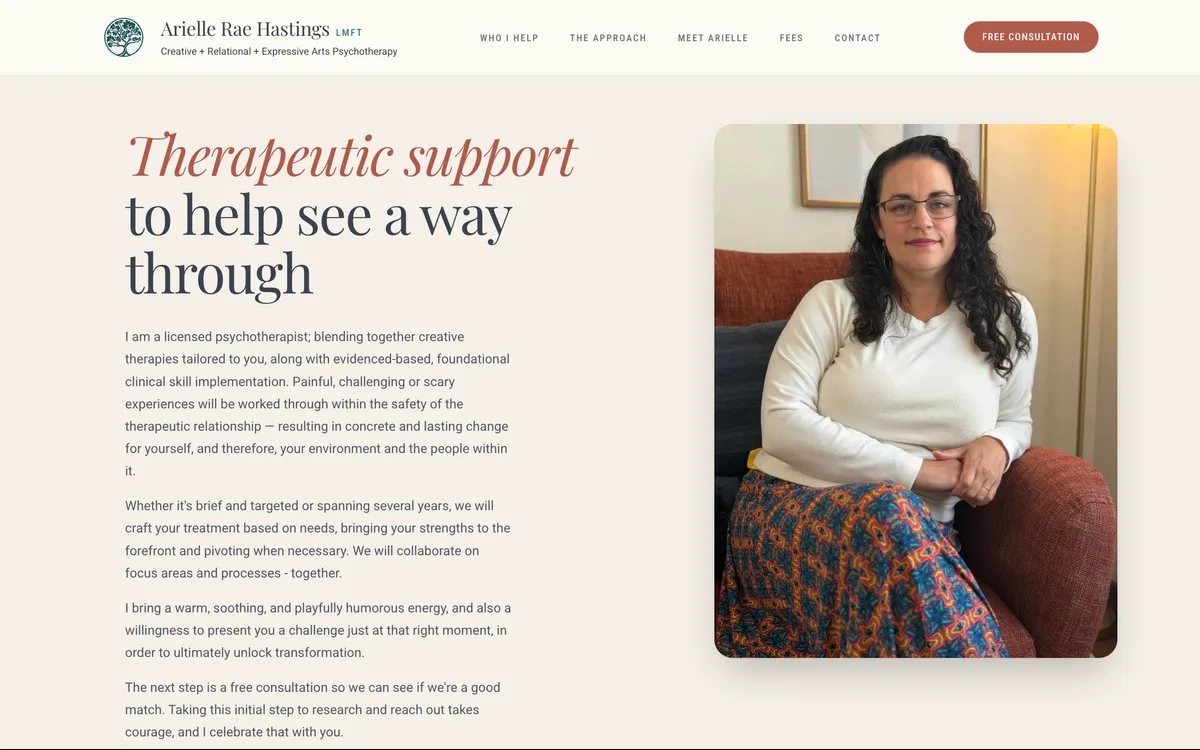 The Arielle Rae Hastings Therapy homepage, with the headline Therapeutic support to help see a way through beside a portrait of the therapist