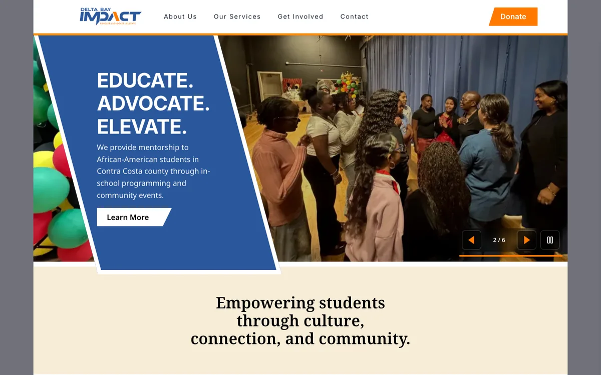 The Delta Bay Impact homepage, showing the Educate, Advocate, Elevate headline over a photograph of students at a school assembly